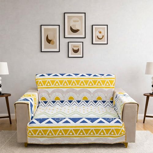 Image of Homerz Premium 2 Seater Quilted Reversible Sofa Cover Mat with Pocket Arms | Polyester Blend 350 GSM Full Coverage & Back Belt for Stability (Sylvara, 2 Seater)