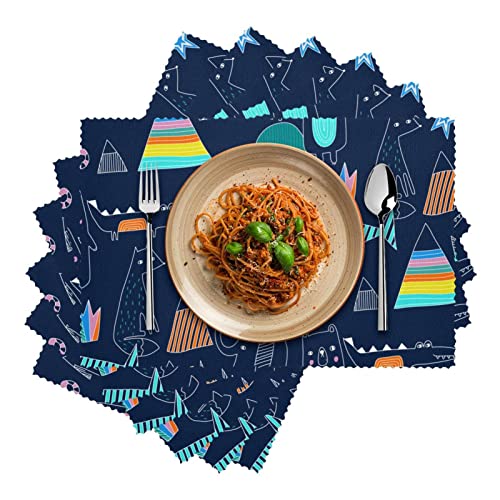 Placemats Set Of 6 Dining Table Place Mats Cloth Placemats Kitchen Table Mats Indoor Outdoor Placemat, Cartoon Animals Abstract Fox Tiger Crocodile #TOP1