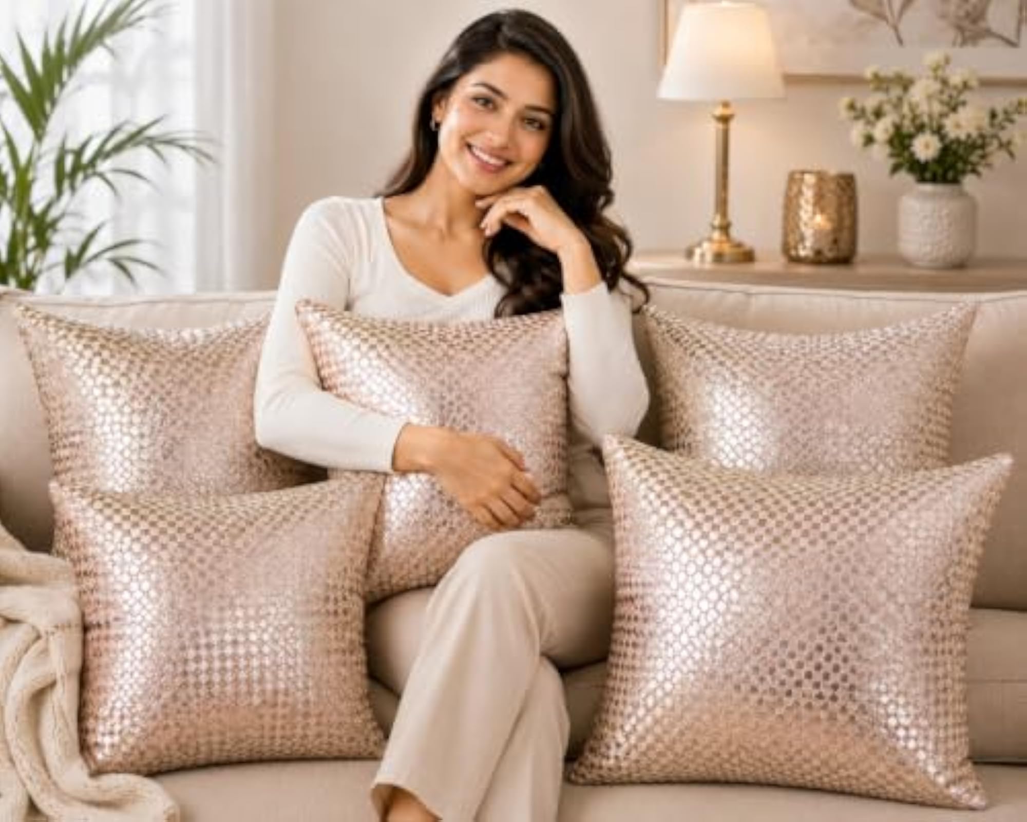 Beige Satin Cloth Cushion Cover, Set of 5