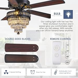Crystal Ceiling Fan Fandelier with Lights - Modern Outdoor Fans with Remote Control,Noiseless AC Motor, Retro/Farmhouse Lighting, Dining Room, Living Room (52" Crystal Ceiling Fan Fandelier with Lights Modern Outdoor Fans with Remote ControlNoiseless AC Motor RetroFarmhouse Lighting Dining Room Living Room 52