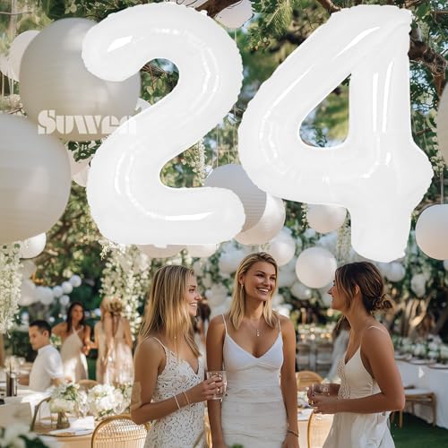 Image of SUWEN 40 Inch White Large 24 Balloon Number Big Foil Helium Numbers 0-9 | Giant Jumbo Happy 24th Birthday Party Decorations for Men or Women Huge Mylar 42 Anniversary Party Supplies