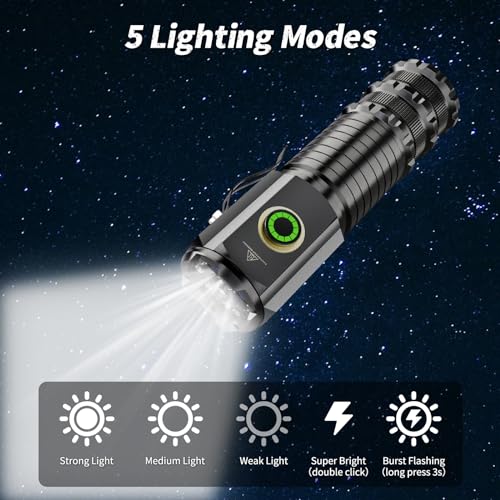 Wind&Moon Small Powerful Torch Rechargeable,High Lumens Led Torches Super Bright Battery Powered,Pocket Torch 5 Modes IPX5 Waterproof Magnetic Clip On Head Torch for Camping,Travel,Hiking,Emergency - Image 3