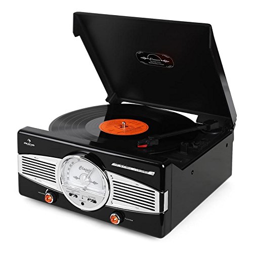 AUNA MG-TT-82B - estéreo, Tocadiscos, accionamiento por Correa, máx. 45 RPM, Altavoces estéreo, diseño de los años 50, Play/Stop automático, sintonizador de Radio, Receptor de FM, Negro