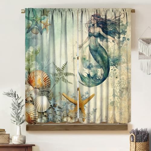 Vintage Mermaid Curtains, Medieval Art Hand Drawn Abstract Ocean Shell Starfish Seabed View Drapes for Child Teen Girl, Blackout Rod Pocket Window Treatments for Living Room Bedroom Bathroom 42x45in