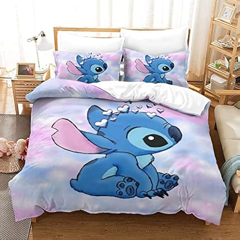 Stitch Bedding Set Lilo & Stitch 3D Animated Characters Duvet Cover Sets Cartoon Quilt Cover Soft with Pillwocase for Kids Teenagers Adult Single(135x200cm) Cover