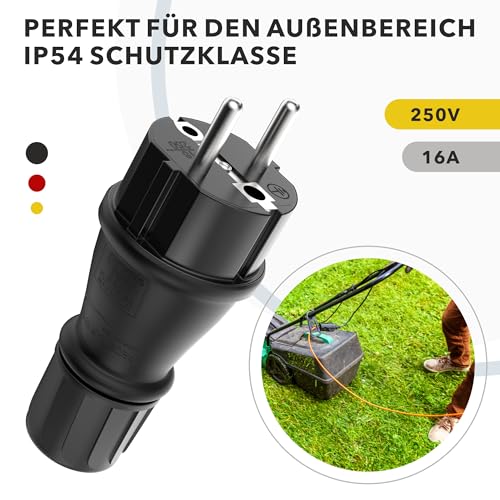Schuko Stecker 230V IP54 - 3er Set Robuster Schutzkontaktstecker aus Gummi & Kunststoff, Schwarz | Hermetisch Versiegeltes Design | Perfekt für den Außenbereich | 3-Poliger Stromstecker