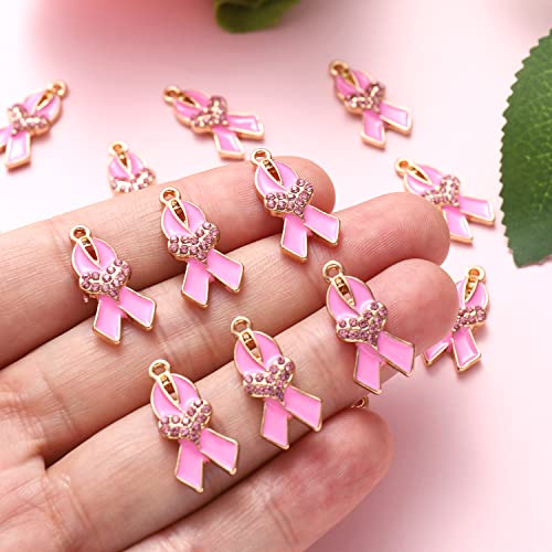 Nvenf 20Pcs Pink Ribbon Charms Breast Cancer Awareness Beads Charms For Jewelry Making, Pink Enamel Rhinestone Pendants For Bracelet Necklace Earrings Making Diy Crafts (Pink Ribbon C) #TOP2