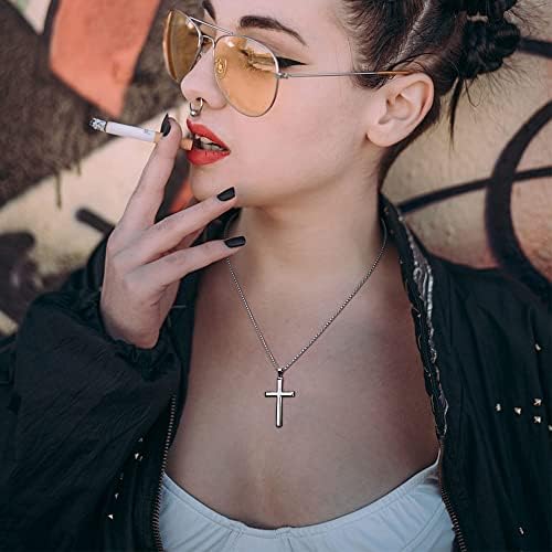 KRFY 925 Sterling Silver Polished Beveled Edge Cross Pendant Necklace for Men Women 5mm Stainless Steel Diamond-Cut Figaro Cross Chain Necklace 16/18/20/22/24/26/30 Inches