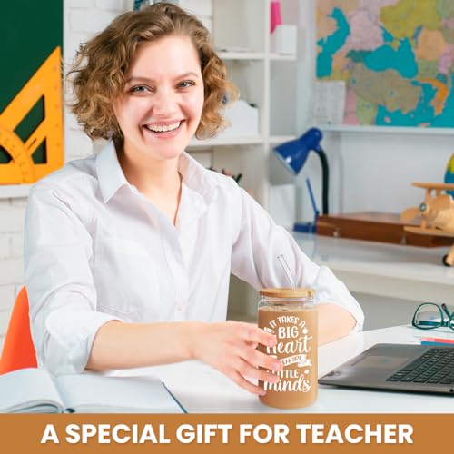 SANDJEST Teacher Gifts for Women - 16 Oz Can Glass Coffee Cup with Straws - Teacher Appreciation Gift for Women on Birthday Back To School