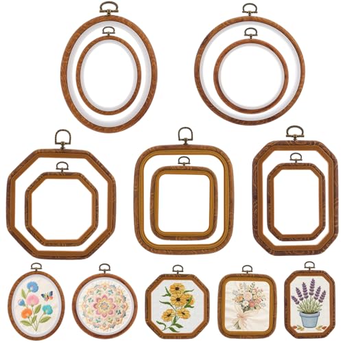 10Pcs Embroidery Hoop Frame 10 Sizes Imitated Wood Cross Stitch Hoop Oval Square Rectangle Embroidery Hoop for Cross Stitch DIY Sewing Craft Hanging Ornaments Decor 5 Shape