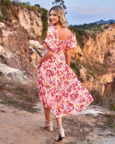 Btfbm Women Summer Dresses 2023 Casual Flowy Beach Square Neck Puff Short Sleeve Smocked Back Boho Floral Long Maxi Dress(Floral Pink Red, Large) #TOP3