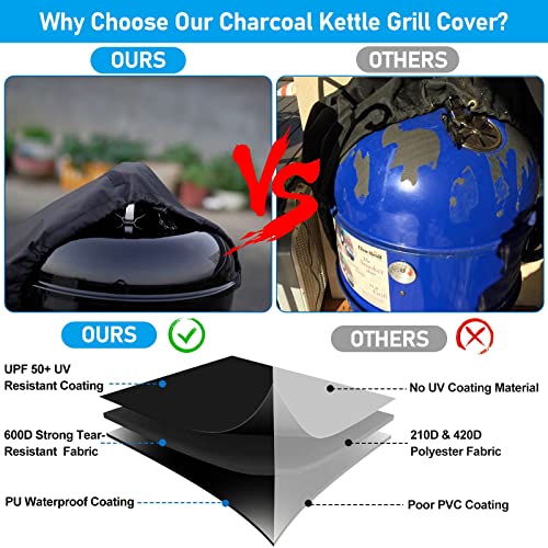 Kingly Charcoal Kettle Grill Cover For Weber Kettle 22 Inch Charcoal Grill Rip-Proof Upgraded Material Kettle Bbq Gas Grill Cover With Hook&Loop And Drawstring Waterproof Uv & Fade Resistant #TOP6