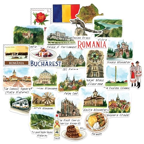 Navy Peony Autocollants de Voyage Remarquables de Roumanie (28 pcs) – Découpés, Aquarelle, Décalcomanies de Vacances de Bucarest pour Journaux, Albums, Bagages, Bouteilles