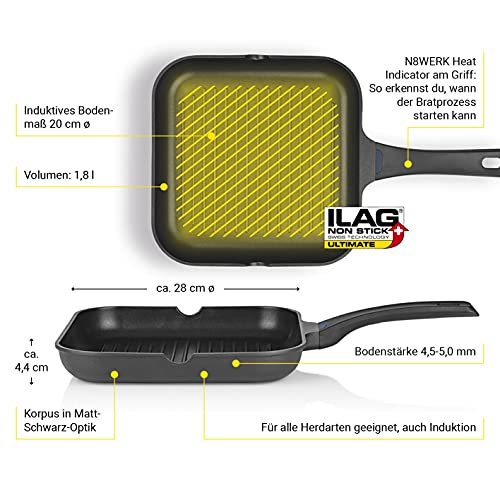 Foto von N8WERK Aluguss-Grillpfanne in der Midnight Edition 28 cm | Heat Indicator Farbwechsel-Temperaturanzeige, 3-fach Ilag-Ultimate Beschichtung für fettarmes Braten | Für alle Herdarten geeignet