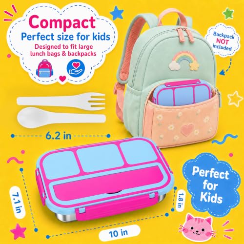 Stainless Steel Bento Lunch Box for Kids Adult, Metal Lunch Box Containers for Boys Girls School, 4 Compartment Leak Proof Lunch Containers with Sauce Cup, Fork and Spoon & Fruit Picks, Pink blue by Cookage - Used condition - Image 7
