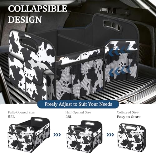 Image of Femuar Car Trunk Organizer, Cow Print, Vintage Style, 52L Capacity, 4 Compartments, Waterproof, Non-Slip, Collapsible, 22.5 inchD x 18 inchW x 10.8 inchH