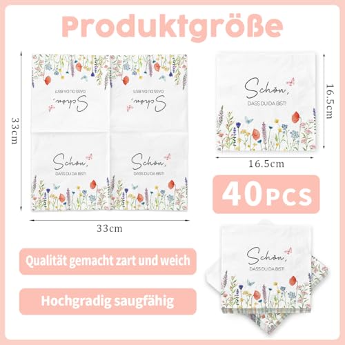 40 Stück Servietten Schön Dass Du Da Bist – Blumen & Schmetterling Design, 33x33 cm – Papier-Servietten Hochzeit, Geburtstag, Frühling, Ostern, Tischdekoration