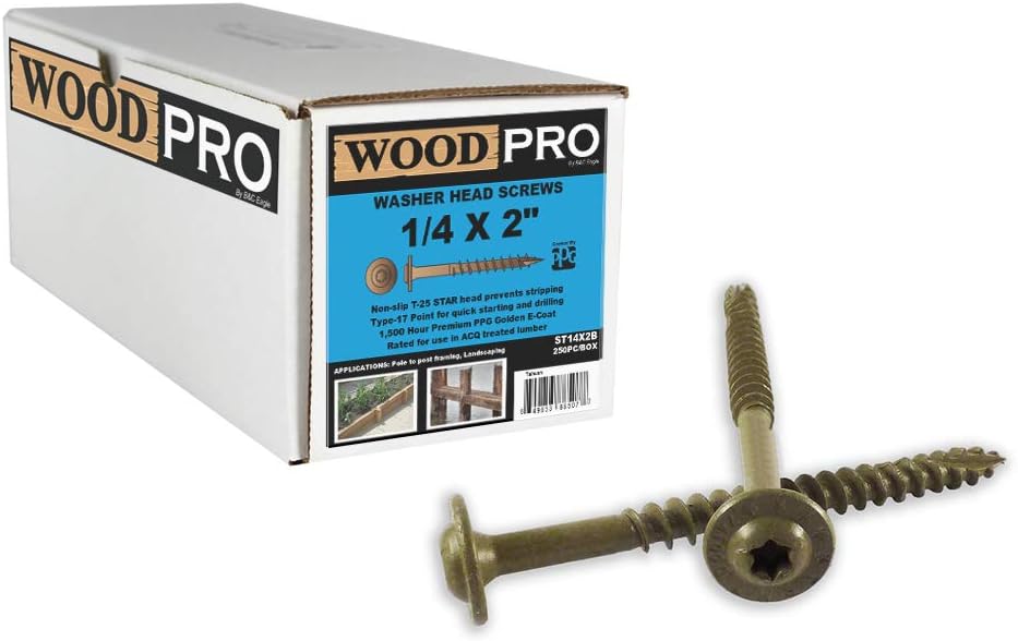 WoodPro Fasteners ST14X2B 1/4-Inch by 2-Inch Length Round Washer Head Exterior Wood Screws, 250-Pack