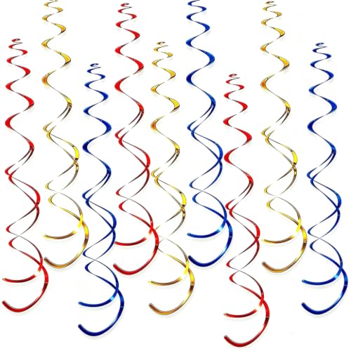 32 Pcs Red Blue Gold Hanging Swirl Decorations – Metallic Foil Ceiling Streamers for Game Day Parties, Dog Birthday, Superhero Celebrations, Carnival & Patriotic Events