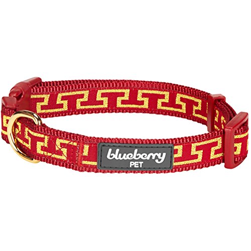 Blueberry Pet 4 Patterns Gold Metallic Thread T-Shape True Red Adjustable Dog Collar, Medium, Neck 14.5'-20'