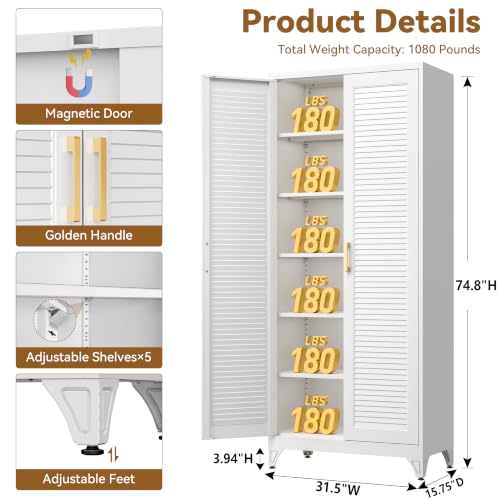Image of Polup 75 inch Kitchen Pantry Cabinet, White Metal Storage Cabinet with Doors and 5 Adjustable Shelves, Tall Metal Pantry Cabinets, Large Cupboard for Kitchen, Dining Living Room, Bathroom, Office