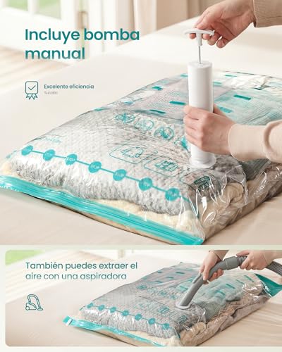 Miniatura 5 de SONGMICS Bolsas de Almacenamiento al Vacío, Bolsa de Almacenaje para Ropa, Sábanas, Armarios y Viaje, Compactas y Reutilizables, Bomba Manual Incluida, Juego de 8, 2M/3L/3J, Transparente LVB105W101