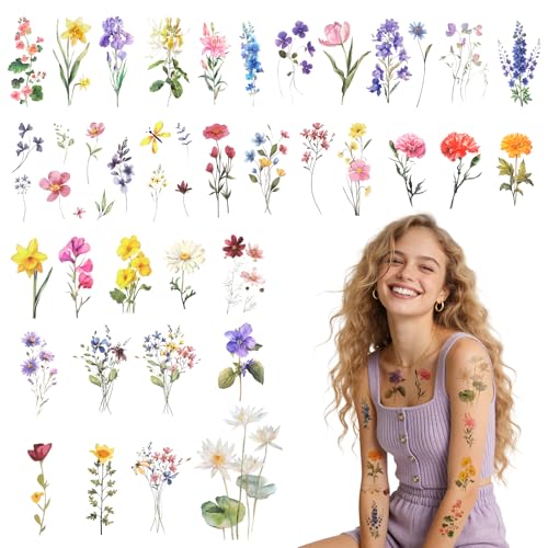 Image of 10 Sheets Wildflower Temporary Tattoos, Flower Temporary Tattoos Stickers, Small Wildflower Floral Temporary-Tattoo for Birthday Decorations, Party Supplies, School Rewards Gifts, Body Art Decoration