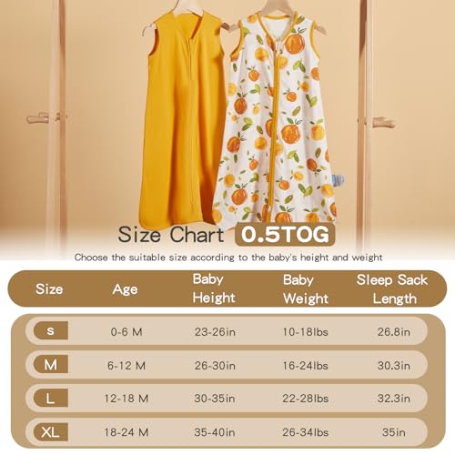 TILLYOU 2 Pack Baby Sleep Sack 6-12 Months 100% Cotton Wearable Blanket 0.5 TOG Sleeveless Summer Sleep Sacks with 2-Way Zipper, Orange Flavour & Orange