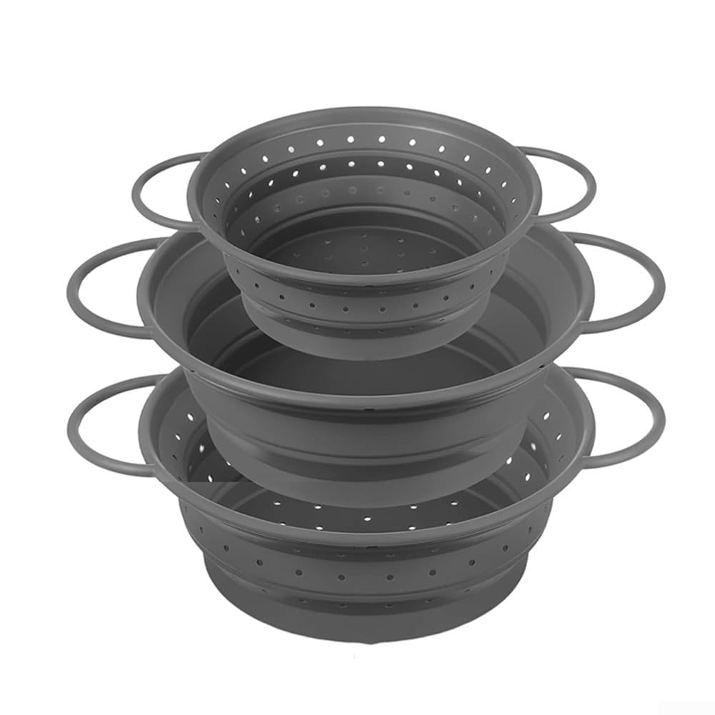 Lot de 3 passoires en silicone et acier inoxydable gris pour drainage efficace