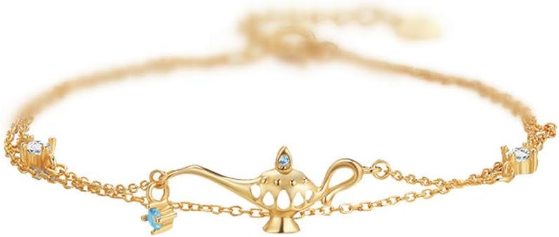 N+A Cute Layered Aladdin Genie Lamp Bracelet for Women Girls | Sterling Silver Crystal Charms Hand Chain,Silver Gold Plated, Trendy Christmas Party Holiday Jewelry, BFF for Mom Daughter