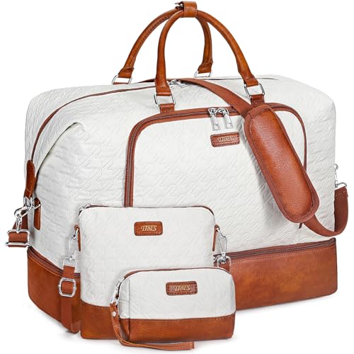 Image of Travel Weekender Bag for Women, Overnight Bag with Shoe Compartment, Oversized Travel Duffel Bag Carry On Tote with Trolley Sleeve 21 inch for Weekend Travel Business Trip, White Houndstooth 3pcs, Large