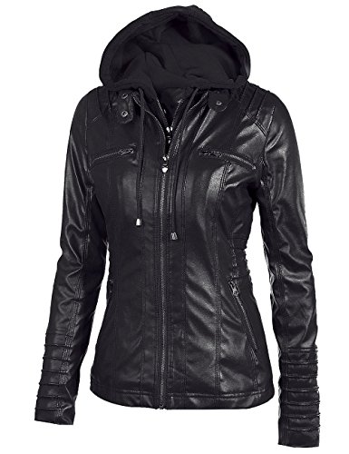 Sexyshine Women's Removable Hooded Faux Leather Jacket Zipper Up Moto Biker Bomber Coat3