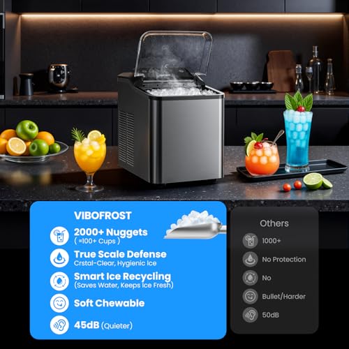VIBOFROST Nugget Ice Maker Countertop, 35lbs/24H Sonic & Chewable Pellet Ice, Quiet Operation, Self-Cleaning Anti-Scale System, Portable Crushed Ice Machine, Premium Stainless Steel, Ice Scoop