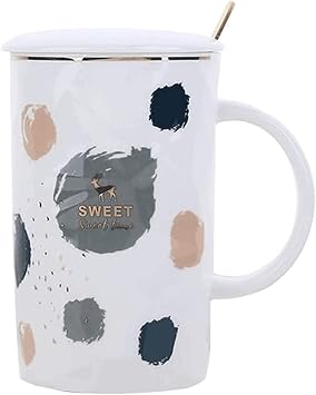 Habiba Drink Cup Creative Coffee Mug, 450ML Large Ceramic Mug Spoon Set with Lid & Handle, Multi-Functional Drink Cup for Coffee Milk Juice Tea Exquisite