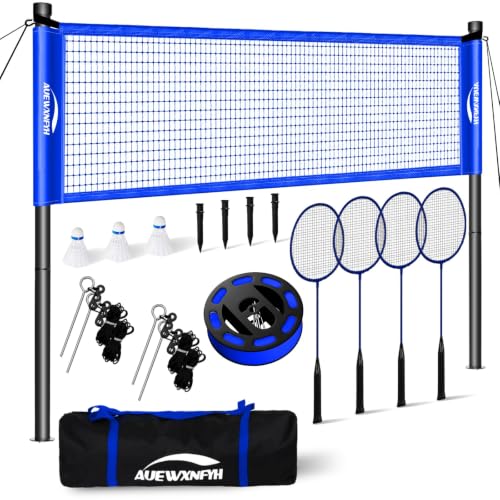AUEWXNFYH Portable Badminton Set, Heavy-Duty Outdoor Net with 4 Rackets, 3 Shuttlecocks & Boundary Line for Backyard Lawn Beach Family Games (Deep Blue)