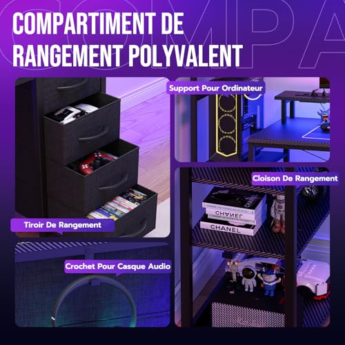 Bureau Gaming 130x50 LED + USB/Prises, YOUDENOVA