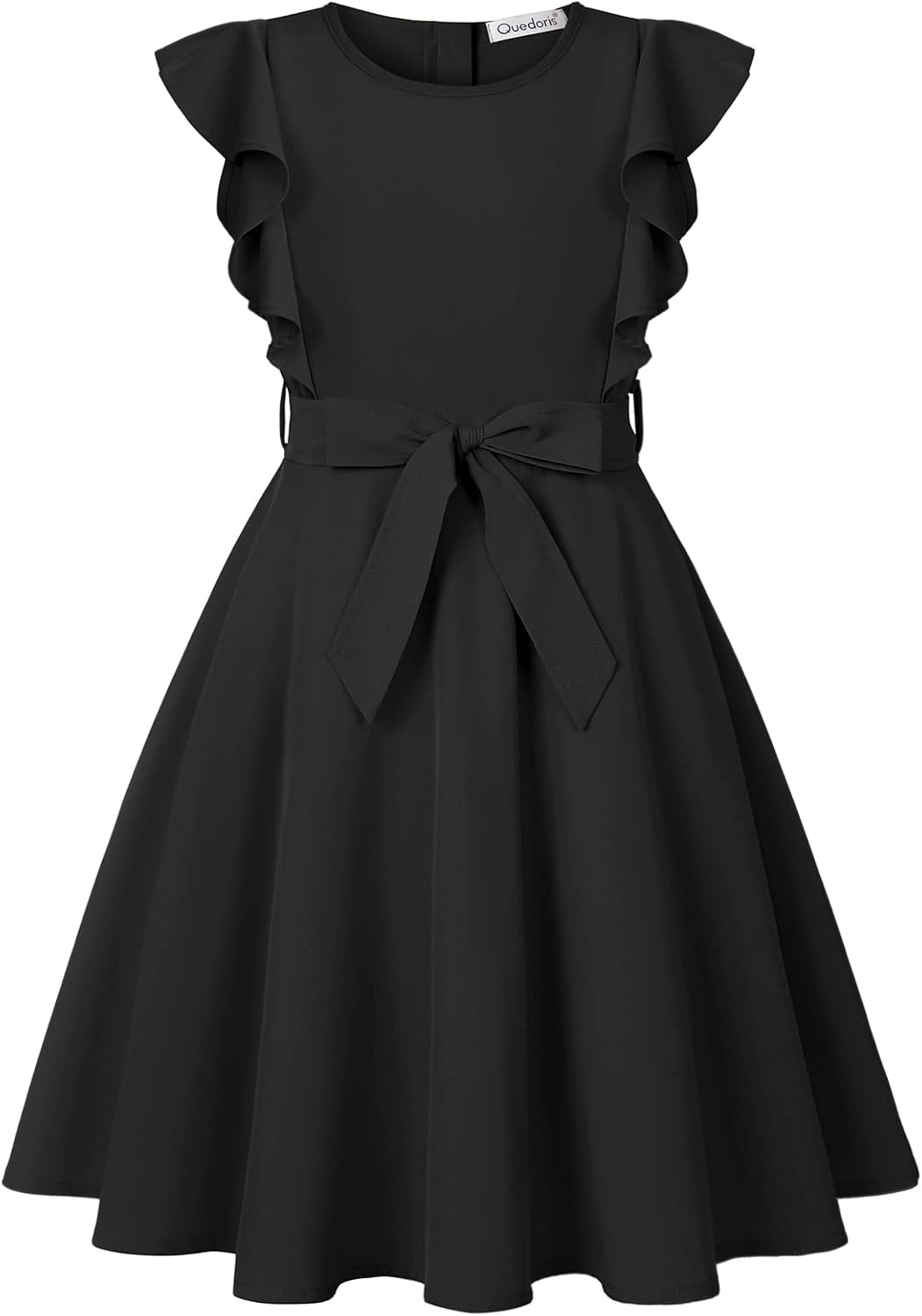 Quedoris Girls Ruffle Trim Dress Print and Solid Color A-line Swing Flared Belted Casual Party Dress with Zipper