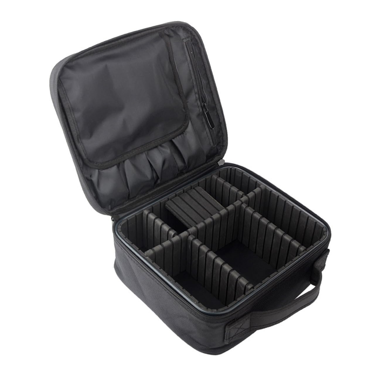 Estuche de Maquillaje Negro Portátil con Divisores Ajustables y Bolsillos para Brochas, Bolsa de Viaje para Cosméticos Adecuado para Viajes y Almacenaje Compacto