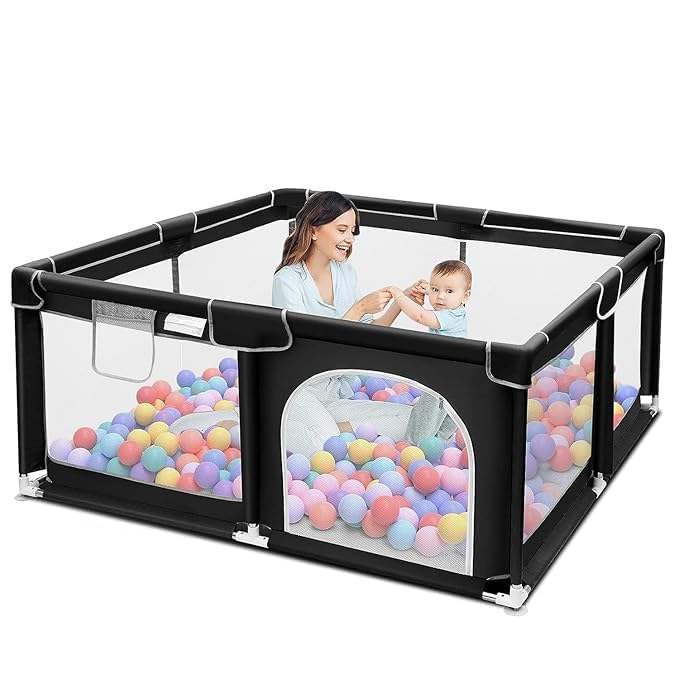 Image of Baby Playpen with Balls - Portable Play Yard with Mesh Panels for Safety & Visibility, Indoor /Outdoor Toddler Activity Fence for Boys & Girls (Black)