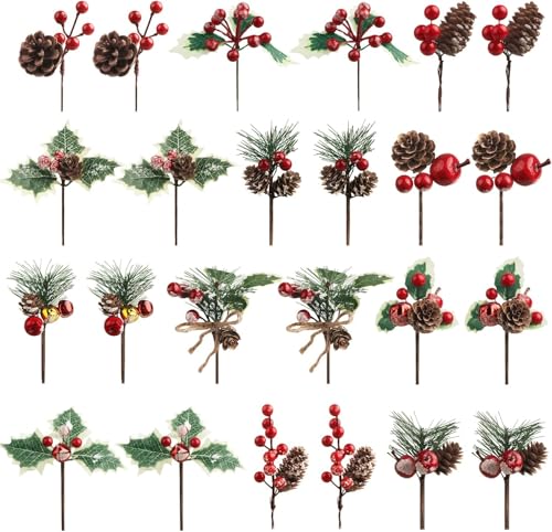 Songjum 36 Pezzi Rami di Pino Artificiale di Natale con Pigne Mele Campane Fiori di Natale per Albero di Natale Disposizione Ghirlande Decorazioni Vacanze Invernali