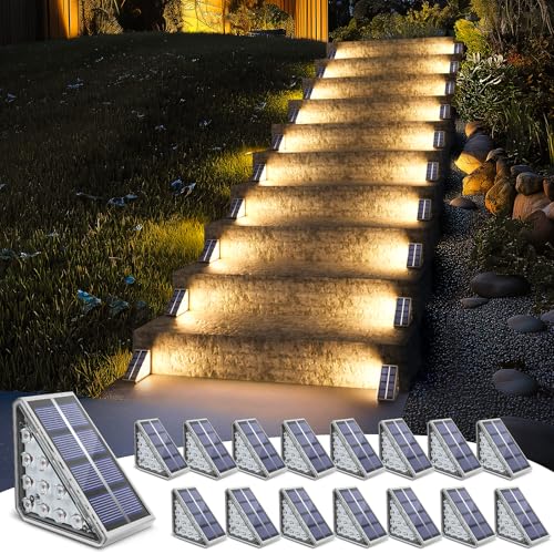 Image of NIORSUN Outdoor Step Lights, 16 Pack Solar Stair Lights Outdoor Waterproof IP67 Auto On Off, Solar Lights for Steps,Stair,Patio,Yard,Porch,Front Door,Sidewalk,Deck Decor,Warm White