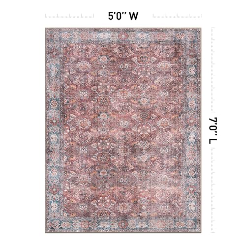 Rugshop Multi Transitional Vintage Bordered Area Rug — Machine Washable, 5' X 7' for Living Room, Bedroom and Home Office