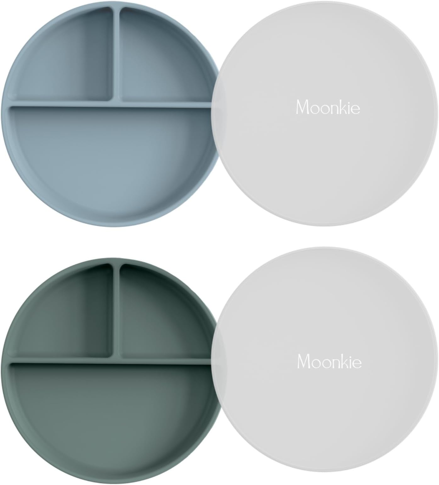 Moonkie Suction Plates for Babies & Toddlers | BPA-Free Weaning Plate with Lid | Silicone Divided Plate | Microwave and Dishwasher Safe - 2 Pack (Ether/Sage)