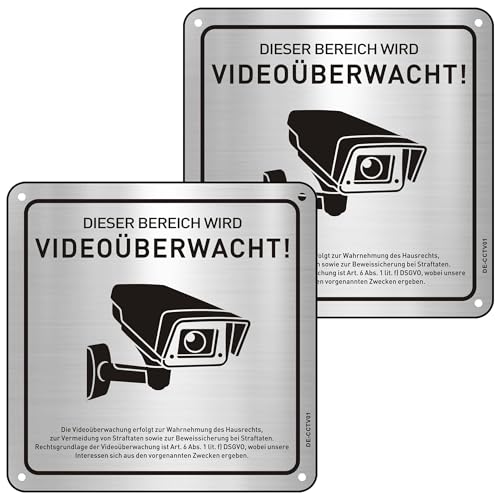 Schild Videoüberwachung mit DSGVO Hinweis, 15x15cm Dieser Bereich Wird Videoüberwacht Alu Schild mit Selbstklebend 2st