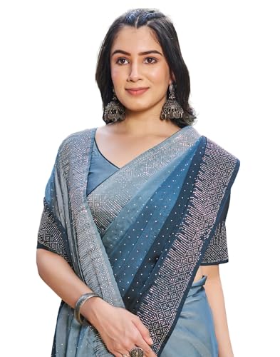 Image of SIRIL Women's Georgette Hot Fixing Stone Work Saree With Unstitched Blouse Piece (3402S266 Grey)
