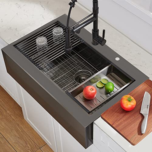 Image of 33x22 Inch Black Drop In Farmhouse Sink, 33 Inch Gunmetal Black Top Mount Farmhouse Kitchen Single Bowl Topmount Apron Front Farm Workstation Stainless Steel Sink