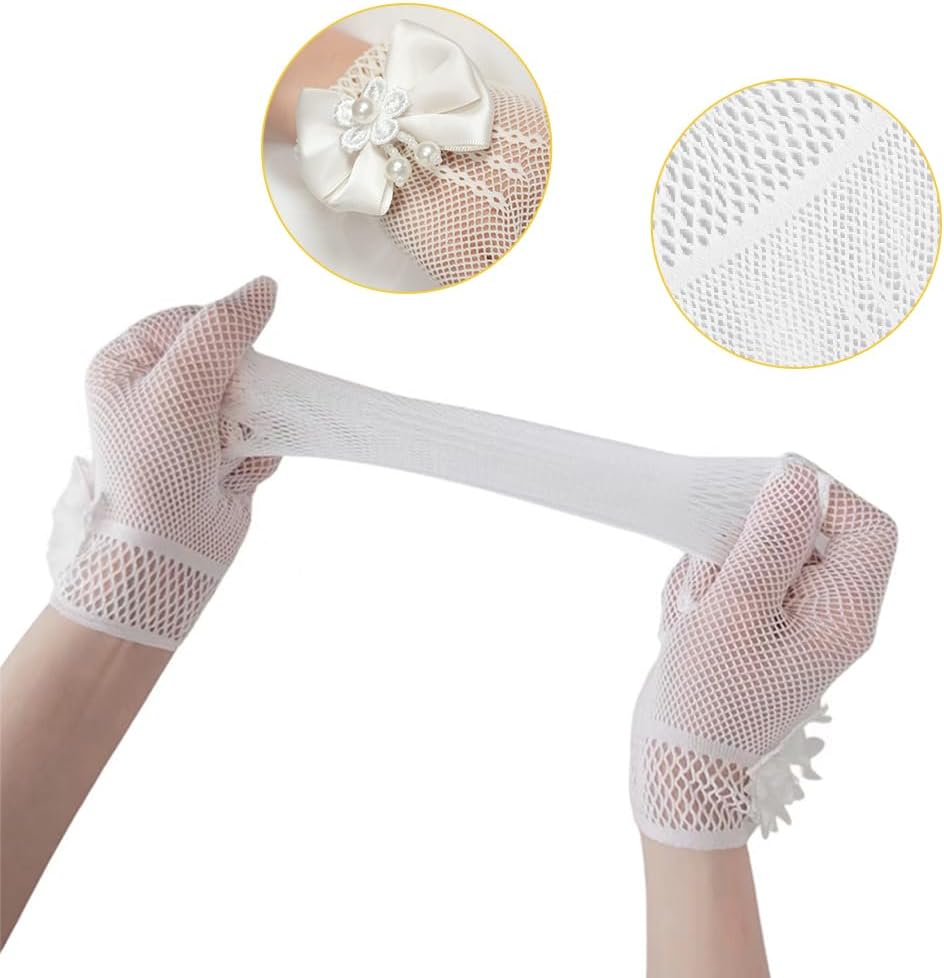 2 Pairs Girls White Gloves for First Communion, Princess, Tea Party, Wedding Party, Short Kids Size Flower Girls Pageant Lace Gloves