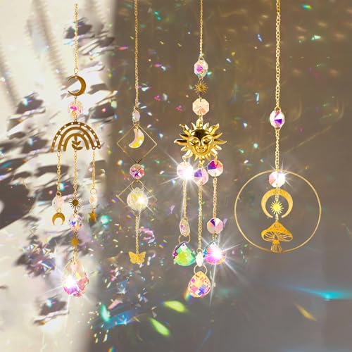 4 Pieces Crystal Suncatcher for Windows Hanging Decor Crystals Prism Rainbow Maker for Windows Indoor Outdoor Home Garden Wedding Party Birthday Gifts
