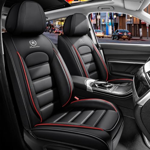 Image of Full Set Car Seat Covers for Jeep Compass 2007-2026, Waterproof Stain-Resistant Seat Cover, Premium Nappa Leather Seat Protectors with Storage Pockets(Standard 5 Seats /Black&Red)