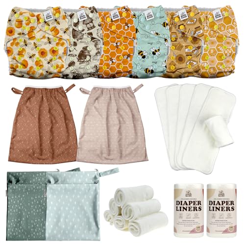 MK 3.0 Baby Cloth Diapers with 6 Inserts Bundle, with Bambo Liners, 5-Layer Bambo Inserts (6 Pack), Wet Bags and Pail Liners.